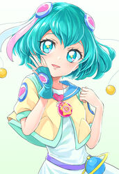  :d absurdres asymmetrical_gloves blue_eyes blue_gloves blue_hair blue_sailor_collar dress female fingerless_gloves gloves hagoromo_lala hair_ornament highres jacket looking_at_viewer open_clothes open_jacket open_mouth precure sailor_collar sharumon short_hair short_sleeves simple_background single_glove smile solo standing star-shaped_pupils star_(symbol) star_twinkle_precure symbol-shaped_pupils uneven_gloves white_background white_dress yellow_jacket 