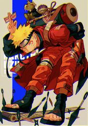  006_wa 1boy black_footwear black_headband black_shirt blonde_hair facial_mark fukasaku_(naruto) full_body grey_background headband highres holding jacket konohagakure_symbol kunai leaning_forward long_sleeves looking_at_viewer male_focus mouth_hold naruto_(series) naruto_shippuuden ninja pants planted red_jacket red_pants shima_(naruto) shirt short_hair shuriken simple_background smile solo toad_(animal) toeless_footwear toes uzumaki_naruto weapon whisker_markings 