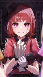  absurdres adjusting_clothes adjusting_gloves arima_kana black_ribbon black_skirt blunt_bangs blurry blurry_background blurry_foreground blush close-up collared_jacket commentary depth_of_field female gloves hat hat_ribbon highres holding holding_microphone idol idol_clothes jacket looking_at_viewer medium_hair microphone mini_hat mini_top_hat oshi_no_ko pink_eyes puffy_short_sleeves puffy_sleeves red_hair red_jacket ribbon shiny_skin short_sleeves skirt smug solo_focus stage sweat tare_negima top_hat upper_body v-shaped_eyebrows white_gloves 