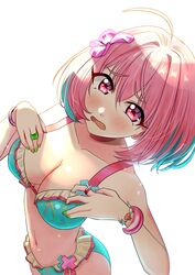  absurdres ahoge aqua_hair bikini blush bracelet breasts cleavage female flower frilled_bikini frills green_nails hair_flower hair_intakes hair_ornament hands_up highres idolmaster idolmaster_cinderella_girls jewelry medium_breasts multicolored_hair navel open_mouth pink_eyes pink_hair shadow short_hair simple_background sinohira_rin solo swimsuit two-tone_hair upper_body white_background yumemi_riamu 