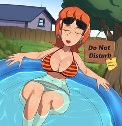  barleyshake bikini blue_sky breasts bush closed_eyes commentary commentary_request commission earrings eyewear_on_head feet_out_of_frame female grass hairband house jewelry large_breasts linda_flynn-fletcher mature_female navel orange_hair partially_submerged phineas_and_ferb pool sign sky striped_bikini striped_clothes sunglasses swimsuit tree 