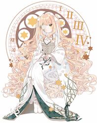  :3 absurdres blonde_hair blush commentary_request corset curly_hair female floral_print flower flower_over_eye full_body hair_ribbon hexagram highres japanese_clothes kakami_(pixiv7616827) kimono kirakishou lolita_fashion long_hair long_sleeves looking_at_viewer pantyhose ribbon roman_numeral rose rose_print rozen_maiden shoes simple_background sitting solo thorn_print thorns two_side_up very_long_hair wa_lolita white_background white_flower white_kimono white_ribbon white_rose wide_sleeves yellow_eyes 