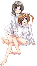  2girls abe_kanari barefoot black_hair blue_eyes brown_hair china_moeka commentary_request dress hair_ornament hairclip high_school_fleet highres long_sleeves looking_at_viewer misaki_akeno multiple_girls open_mouth photoshop_(medium) purple_eyes short_hair simple_background sitting sweater sweater_dress twintails white_background white_sweater 