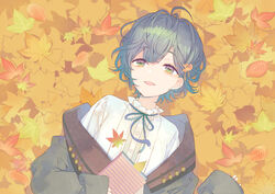  autumn book green_eyes green_hair kuroyuki leaves original short_hair 