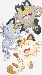  :d ;) absurdres alolan_meowth commentary fang_out full_body galarian_meowth highres looking_at_viewer meowth no_humans oerba_yun_fang one_eye_closed open_mouth pokemon pokemon_(creature) sharumon simple_background slit_pupils smile white_background 