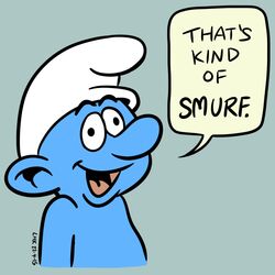  1:1 dialogue english_text humanoid largehadronkalidah male meme reaction_image simple_background smurf solo text that&#039;s_kind_of_hot the_smurfs 