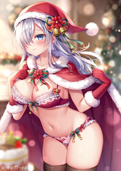  bell bikini black_thighhighs blue_background blue_eyes blurry blush bra breasts cape christmas christmas_tree cleavage closed_mouth coat collarbone commentary copyright_notice dress english_commentary female flower gloves grey_hair hair_bell hair_between_eyes hair_flower hair_ornament hair_over_one_eye hair_ribbon hat lace lace-trimmed_bra lace_trim large_breasts long_hair looking_at_another looking_at_viewer looking_to_the_side merry_christmas mitsuba_choco navel original panties purple_hair red_bikini red_bra red_cape red_coat red_gloves red_hat red_panties ribbon santa_costume santa_dress santa_hat sister-chan_(mitsuba_choco) smile solo swimsuit thighhighs underwear white_hair 