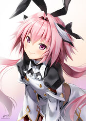  1boy astolfo_(fate) astolfo_(saber)_(fate) astolfo_(saber)_(third_ascension)_(fate) ayakawa_riku black_bow black_ribbon blush bow bowtie dress duplicate fate/grand_order fate_(series) hair_intakes hair_ribbon hairbow holding long_hair long_sleeves looking_at_viewer male_focus multicolored_hair otoko_no_ko pink_hair pixel-perfect_duplicate ribbon smile streaked_hair twintails white_hair 