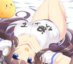  azur_lane bed blue_eyes breasts brown_hair cleavage commentary_request facing_viewer female food_in_mouth headphones kamishiro_(rsg10679) large_breasts long_island_(azur_lane) long_island_(long_island_-_indoor_slacker)_(azur_lane) lying manjuu_(azur_lane) official_alternate_costume shirt thighs white_shirt 