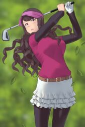  belt blurry blurry_background breasts commentary_request day drill_hair female gloves golf_club hat highres leaf long_hair medium_breasts original outdoors pantyhose purple_hat purple_shirt ringlets ryokucha_michi shirt single_glove skirt solo standing visor_cap white_gloves white_skirt 