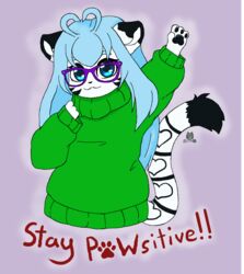  2023 :3 ahoge alpha_channel ambiguous_gender antenna_hair anthro black_pawpads blue_hair blue_tongue bodily_fluids cheering chibi clothed clothing dipstick_ears dipstick_tail ear_markings english_text eyewear felid fur gesture glasses green_clothing green_sweater green_topwear green_turtleneck hair hair_heart half-length_portrait happy heart_(marking) heart_ahoge heart_on_body heart_tail hi_res letter_replacement leucistic looking_at_viewer mammal markings meme multicolored_ears multicolored_tail nicholas_c._corbin oversized_clothing pantherine pawpads pawprint_font portrait positive_message poster poster_template purple_eyewear purple_glasses reaction_image simple_background smile smirk smug solo sunglasses sweater tail tail_markings text the_corbin_family therobotickitty tiger tongue topwear transparent_background turtleneck white_body white_fur youtuber 