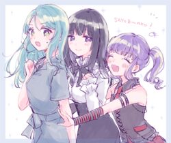  3girls :d ^_^ aqua_hair arm_belt arm_warmers bang_dream! black_hair black_neckwear black_shirt black_skirt border clenched_hand closed_eyes collared_dress commentary_request detached_collar dress frilled_shirt_collar frills green_eyes grey_dress high-waist_skirt hikawa_sayo jewelry kudo_(low_temp) long_sleeves multiple_girls neck_ribbon necktie oerba_yun_fang open_mouth pendant purple_hair red_necktie ribbon shirokane_rinko shirt short_sleeves signature skin_fang skirt smile sweatdrop twintails udagawa_ako white_shirt 