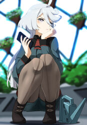  ahoge asticassia_school_uniform black_footwear black_pantyhose cellphone enfuku female front-seamed_legwear frown green_jacket green_shorts greenhouse grey_eyes grey_hair gundam gundam_suisei_no_majo hair_between_eyes head_rest highres holding holding_phone jacket long_hair long_sleeves looking_to_the_side miorine_rembran nail_polish pantyhose phone pink_nails school school_uniform seamed_legwear shoes short_shorts shorts shoulder_boards smartphone solo squatting swept_bangs very_long_hair watering_can 