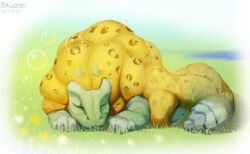  animal_print bikupan bubble closed_eyes colored_skin day english_commentary field full_body grass green_skin leopard_print monster monster_hunter_(series) monster_hunter_rise no_humans outdoors royal_ludroth scales sleeping solo tail yellow_skin 