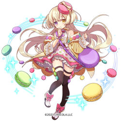  ankle_boots bare_shoulders black_thighhighs blonde_hair blush boots brown_eyes brown_jacket closed_mouth commentary_request copyright_notice female food frilled_skirt frills full_body heterochromia jacket long_hair long_sleeves looking_at_viewer macaron macaron_(sugar_conflict) miyoshino off_shoulder official_art open_clothes open_jacket pinching_sleeves pink_skirt polka_dot polka_dot_skirt purple_eyes shirt simple_background skirt sleeveless sleeveless_shirt sleeves_past_wrists solo sparkle sugar_conflict thighhighs thighhighs_under_boots very_long_hair white_background white_footwear white_shirt wrist_cuffs 