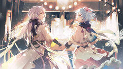  2girls ahoge bai_qi-qsr black_scarf blue_eyes blue_hair blue_scarf blurry blurry_background capelet chinese_commentary closed_mouth corrupted_metadata cowboy_shot eye_contact floating_clothes floating_hair fringe_trim from_behind fur-trimmed_capelet fur_trim haiyi highres holding_hands jellyfish jellyfish_hair_ornament light_blue_hair light_purple_hair light_smile long_hair long_sleeves looking_at_another looking_to_the_side multiple_girls official_art parted_lips pom_pom_(clothes) profile quad_tails scarf short_hair snowflakes standing symmetrical_pose symmetry synthesizer_v two-sided_fabric two-sided_sleeves very_long_hair vocaloid white_hair xingchen yellow_eyes 