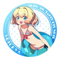  :d bikini blonde_hair blue_eyes blue_innertube character_name copyright_name cropped_legs female frederica_irving front-tie_bikini_top front-tie_top himukai_yuuji holding holding_swim_ring innertube looking_at_viewer open_mouth sekaiju_no_meikyuu shin_sekaiju_no_meikyuu short_hair side-tie_bikini_bottom smile solo striped_bikini striped_clothes swim_ring swimsuit transparent_innertube 