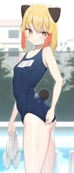  absurdres animal_ears blonde_girl_(cloba) blonde_hair blue_one-piece_swimsuit blurry blurry_background breasts cloba closed_mouth female highres holding medium_hair one-piece_swimsuit original outdoors pool school_swimsuit small_breasts solo standing swimsuit tail thighs twisted_torso wet yellow_eyes 