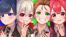  4boys after_the_rain aho_no_sakata barcode barcode_tattoo black_hair blue_eyes blue_hair brown_hair column_lineup formal green_eyes hatoka_ra5 highres indie_utaite long_sleeves looking_at_viewer mafumafu male_focus multiple_boys open_mouth red_eyes red_hair red_suit shirt simple_background smile soraru standing suit tattoo teeth urashimasakatasen uratanuki utaite white_hair 