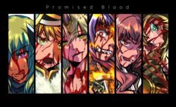  6+girls absurdres blonde_hair blood blood_from_mouth blood_on_face blood_on_hands blue_hair chizu_ranka collage green_eyes green_hair grey_hair highres kasane_ao kirari_hikaru kureha_yuna magia_record:_mahou_shoujo_madoka_magica_gaiden magical_girl mahou_shoujo_madoka_magica multiple_girls mura_(kiyohime) nosebleed ooba_juri open_mouth purple_eyes red_eyes sharp_teeth smile suzuka_sakuya teeth yellow_eyes 