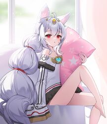  ahoge animal_ears bare_shoulders barefoot brooch female highres hugging_object hyoin hypnos_(panilla_the_revival) jewelry knee_up long_hair looking_at_viewer off-shoulder_shirt off_shoulder panilla_the_revival parted_lips pillow pillow_hug red_eyes shirt sleeves_past_fingers sleeves_past_wrists solo thighs very_long_hair white_hair white_shirt 