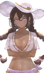  asaikeu braid breasts brown_hair cleavage collarbone crop_top crossed_arms dark-skinned_female dark_skin earrings female granblue_fantasy hat highres jewelry large_breasts long_hair looking_at_viewer navel open_mouth purple_eyes simple_background solo sun_hat swimsuit tabina_(granblue_fantasy) twin_braids upper_body white_background 