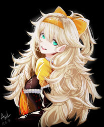  absurdres alternate_costume aqua_eyes artist_name asil black_background blonde_hair bow breasts dated female girls&#039;_frontline hair_between_eyes hairband hairbow highres long_hair looking_at_viewer official_alternate_costume open_mouth orange_bow s.a.t.8_(girls&#039;_frontline) s.a.t.8_(wintersweet)_(girls&#039;_frontline) smile solo 