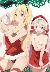  2girls amatsukaze_(kancolle) anchor_hair_ornament bare_shoulders black_hairband black_panties blonde_hair blush breasts cameltoe christmas cleavage collarbone grey_hair hair_between_eyes hair_ornament hairband hat highres kantai_collection long_hair looking_at_another looking_at_viewer medium_breasts multiple_girls open_mouth panties red_eyes red_headwear santa_hat shimakaze_(kancolle) striped_clothes striped_thighhighs suwakana thighhighs thighs two_side_up underwear 