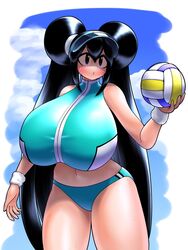  aqua_bikini ball bare_shoulders bikini black_hair blue_sky breasts cloud crop_top day double_bun female hair_bun hand_up harashima_rojami highres huge_breasts kuma_(kumahoihoi) long_hair navel no_nose original purple_eyes sky solo standing sweat swimsuit thighs visor_cap volleyball volleyball_(object) white_wristband wristband 