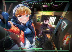  1boy 2girls absurdres animification apex_legends bad_id bad_pixiv_id black_bodysuit black_footwear black_hair black_scarf blue_bodysuit blue_gloves blush bodysuit boots breasts cable commentary crypto_(apex_legends) gloves grey_eyes hack_(apex_legends) hair_behind_ear hair_bun highres hood hood_down hood_up hooded_bodysuit hooded_jacket indoors jacket lightning_bolt_symbol looking_at_viewer medium_breasts multiple_girls nessie_(respawn) nitogebeto orange_jacket scar scar_on_cheek scar_on_face scarf single_hair_bun sitting smile squatting symbol-only_commentary v viewfinder wattson_(apex_legends) white_bodysuit white_jacket world&#039;s_edge wraith_(apex_legends) 