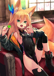  animal_ear_fluff animal_ears bare_shoulders black_dress black_footwear black_jacket black_legwear blonde_hair blurry blurry_background blush boots breasts candy china_dress chinese_clothes commentary_request covered_navel dress fangs female food fox_ears fox_girl fox_tail green_eyes groin hair_between_eyes highres holding holding_candy holding_food holding_lollipop indoors jacket knee_up kokonoe_tsubaki large_tail lollipop long_hair long_sleeves looking_at_viewer no_bra no_panties off_shoulder open_clothes open_jacket open_mouth original pelvic_curtain raised_eyebrow red_legwear ribbon shoes side_slit sitting sleeveless sleeveless_dress small_breasts socks solo tail thighhighs thighs tongue tongue_out yoshizawa_tsubaki 