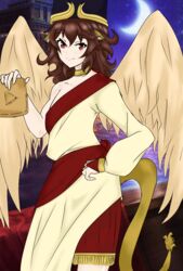  animal_ears arabian_clothes bad_source brown_hair female hat highres lamassu lion lion_ears lion_tail long_hair red_eyes self-upload solo sumerian_mythology tail wings 