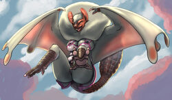  anthro ass barefoot big_breasts breasts capcom claws clothing feet female flying flying_wyvern monster monster_hunter oniontrain open_mouth panties panty_shot paolumu sharp_teeth shirt smile solo teeth toe_claws tongue topwear underwear wings 