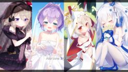  4girls :d animal_ears anniversary ayanami_(azur_lane) ayanami_(demon&#039;s_finest_dress)_(azur_lane) azur_lane bare_shoulders black_bow black_dress black_flower black_rose blue_flower blush bouquet bow breasts closed_eyes closed_mouth collarbone commentary_request copyright_name dress elbow_gloves feet_out_of_frame fingerless_gloves flower gloves green_eyes hair_between_eyes hair_flower hair_ornament hand_up headgear highres holding holding_bouquet hood hood_up javelin_(azur_lane) javelin_(blissful_purity)_(azur_lane) jewelry kokone_(coconeeeco) laffey_(azur_lane) laffey_(white_rabbit&#039;s_oath)_(azur_lane) light_brown_hair long_hair medium_breasts midriff multiple_girls navel official_alternate_costume open_mouth pantyhose purple_hair rabbit_ears red_eyes ring rose see-through shoes sleeveless sleeveless_dress small_breasts smile strapless strapless_dress thighband_pantyhose twintails veil very_long_hair wedding_dress wedding_ring white_dress white_footwear white_gloves white_hair white_pantyhose yellow_flower z23_(azur_lane) z23_(schwarze_hochzeit)_(azur_lane) 