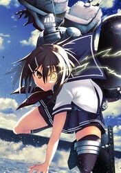  akane_harurou asymmetrical_legwear bike_shorts black_gloves black_legwear blue_sailor_collar blue_skirt brown_eyes brown_hair chains cloud day female furutaka_(kancolle) furutaka_kai_ni_(kancolle) gloves glowing glowing_eye hair_between_eyes hair_ornament hairclip heterochromia kantai_collection kneehighs looking_at_viewer neckerchief ocean outdoors pleated_skirt red_neckerchief rigging sailor_collar school_uniform serafuku short_hair short_sleeves shorts shorts_under_skirt single_glove single_kneehigh single_sock single_thighhigh skirt sky smile socks solo thighhighs uneven_legwear water yellow_eyes 