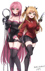  2girls absurdres arm_under_breasts bare_shoulders black_dress black_gloves black_skirt black_thighhighs blonde_hair blush boots breasts brown_footwear chains cleavage closed_mouth collarbone commentary_request cosplay cross dagger dress elbow_gloves embarrassed fate/stay_night fate_(series) feet_out_of_frame gem gloves green_eyes highres idolmaster idolmaster_cinderella_girls jougasaki_mika jougasaki_rika knife large_breasts latin_cross leg_up long_hair looking_at_viewer medium_breasts medusa_(fate) medusa_(rider)_(fate) medusa_(rider)_(fate)_(cosplay) miniskirt multiple_girls oerba_yun_fang open_mouth pink_hair pizzasi pleated_skirt red_sweater signature simple_background skirt smile standing standing_on_one_leg strapless strapless_dress sweat sweater thigh_boots thighhighs tohsaka_rin tohsaka_rin_(cosplay) translated tube_dress turtleneck turtleneck_sweater two_side_up very_long_hair weapon white_background yellow_eyes zettai_ryouiki 