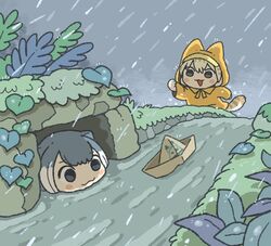  2girls :3 animal_ears blonde_hair blush commentary grey_hair it_(stephen_king) kemono_friends kuro_shiro_(kuro96siro46) long_sleeves lucky_beast_(kemono_friends) multicolored_hair multiple_girls otter_ears otter_girl paper_boat parody partially_submerged rain raincoat serval_print short_hair small-clawed_otter_(kemono_friends) stream two-tone_hair white_hair white_serval_(kemono_friends) yellow_raincoat 