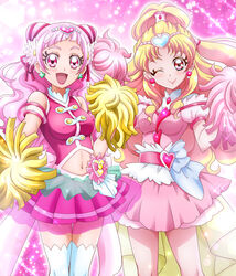  2girls :d back_bow bare_legs blonde_hair blunt_bangs blush bow breasts brooch clothing_cutout clover_earrings commentary_request cone_hair_bun covered_nipples cure_tomorrow cure_yell detached_sleeves double_bun dress earrings eyelashes floating_hair flower hair_bun hair_flower hair_ornament hair_ribbon hanzou heart heart_brooch heart_earrings heart_hair_ornament heart_pouch high_ponytail highres hug-tan_(precure) hugtto!_precure jewelry lens_flare light_particles lipstick long_hair looking_at_viewer magical_girl makeup medium_breasts multi-tied_hair multiple_girls navel navel_cutout nono_hana one_eye_closed open_mouth pink_background pink_dress pink_hair pink_shirt pink_skirt pleated_dress pleated_skirt pom_pom_(cheerleading) precure red_eyes red_ribbon ribbon see-through see-through_sleeves shirt short_sleeves shoulder_cutout skirt small_breasts smile sparkle thighhighs very_long_hair waist_brooch zettai_ryouiki 