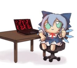  artist_name blue_bow blue_dress blue_eyes blue_hair blue_ribbon blue_wings bow chair character_doll chibi cirno closed_mouth collar collared_shirt computer desk detached_wings dress english_commentary female full_body fumo_(doll) giygas hair_ribbon hairbow ice ice_wings jerma985 jerma985_(person) laptop looking_at_viewer meme mother_(game) mother_2 multicolored_clothes multicolored_dress neck_ribbon no_shoes office_chair on_chair pinafore_dress puffy_short_sleeves puffy_sleeves red_ribbon ribbon shirt short_hair short_sleeves signature simple_background sitting skullchimes sleeveless sleeveless_dress smile solo swivel_chair table thumbs_up touhou v-shaped_eyebrows when_the_imposter_is_sus_(meme) white_background white_shirt wings wooden_table 