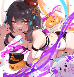  absurdres all_fours arm_strap ass bad_id bad_pixiv_id bare_shoulders belt_bra bikini black_bikini black_choker black_hair breasts canizzz chest_belt choker claw_pose cleavage elsword eve_(2nas)_(elsword) eve_(elsword) facial_mark female hair_ornament hat highres long_hair looking_at_viewer mini_hat mini_top_hat moby_(elsword) oerba_yun_fang open_mouth orange_eyes remy_(elsword) small_breasts solo strapless strapless_bikini string_bikini sweatdrop swimsuit thighs top_hat v-shaped_eyebrows 