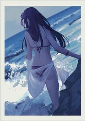  ass bad_id bad_twitter_id beach bikini border bracelet commentary dutch_angle fate/grand_order fate_(series) feet_out_of_frame female flower from_behind hair_flower hair_ornament hibiscus jewelry ocean outdoors purple_bikini purple_hair reroi rock sarong scathach_(fate) scathach_(swimsuit_assassin)_(fate) sky solo swimsuit waves white_border white_sarong 