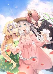  3girls aircraft airplane alternate_costume black_dress blonde_hair blue_eyes blue_sky braid breasts closed_mouth cloud collarbone commentary_request covered_eyes day dress fate/grand_order fate_(series) floral_print flower frankenstein&#039;s_monster_(fate) frankenstein&#039;s_monster_(under_the_same_sky)_(fate) frilled_dress frills green_dress green_ribbons hair_between_eyes hair_over_eyes hat headpiece highres horns jacket jeanne_d&#039;arc_(fate) jeanne_d&#039;arc_(ruler)_(fate) jewelry long_hair long_sleeves looking_at_viewer marie_antoinette_(fate) marie_antoinette_(under_the_same_sky)_(fate) mechanical_horns multiple_girls neck_ribbon necklace no-kan official_alternate_costume one_eye_closed open_clothes open_mouth outdoors pearl_necklace petals pink_dress pink_hair ribbon short_hair single_braid single_horn sky smile sun_hat teeth twin_braids veil very_long_hair yellow_jacket 