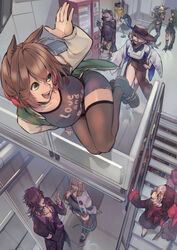  4boys 6+girls :d absurdres animal_ears arknights asbestos_(arknights) bare_shoulders black_hair black_legwear breasts broca_(arknights) brown_hair catapult_(arknights) chiave_(arknights) choker clenched_hands clothes_writing curly_hair demon_boy earrings elbow_gloves english_text estelle_(arknights) eyebrow_piercing furry furry_male gavial_(arknights) gloves green_eyes green_gloves green_hair grin hair_ornament hair_over_one_eye hairclip hat headphones high_heels highres hood hoodie horns horse_ears hyena_boy hyena_ears jacket jewelry koryuu_(gackter10) leggings lizard_tail long_hair midnight_(arknights) midriff morte_(arknights) multiple_boys multiple_girls necklace open_mouth orchid_(arknights) piercing pointy_ears popukar_(arknights) purple_eyes purple_hair red_eyes red_hair scarf shamare_(arknights) short_hair single_glove smile spot_(arknights) stuffed_toy sweatdrop tail teeth thighhighs utage_(arknights) vending_machine yellow_eyes 