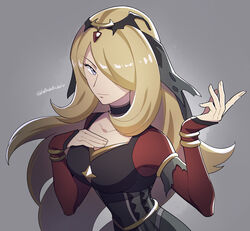  black_choker black_dress blonde_hair breasts choker closed_mouth cynthia_(pokemon) cynthia_(sygna_suit)_(renegade)_(pokemon) dress female gold_trim grey_background grey_eyes hair_over_one_eye hand_up long_hair looking_at_viewer momoji_(lobolobo2010) official_alternate_costume pokemon pokemon_masters_ex red_sleeves simple_background solo tiara twitter_username upper_body veil very_long_hair 