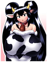  :o animal_ears animal_print bare_shoulders bell black_eyes black_hair border breasts collar collarbone cow_ears cow_horns cow_print cowbell double_bun female fur_trim gradient_background hair_between_eyes hair_bun half-closed_eyes harashima_rojami head_tilt highres horns huge_breasts kuma_(kumahoihoi) long_hair looking_at_viewer open_mouth original outline red_collar solo straight-on very_long_hair white_border white_outline yellow_horns 