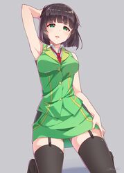  arm_up armpits artist_name black_thighhighs blunt_bangs blunt_ends bob_cut commentary dress_shirt female garter_straps green_skirt green_vest grey_background half-closed_eyes hand_on_own_head hand_on_own_thigh highres kneeling kyoumachi_seika looking_at_viewer miniskirt necktie open_mouth pencil_skirt red_necktie shirt signature simple_background skirt sleeveless solo thighhighs vest voiceroid white_shirt yanagita_kousuke 