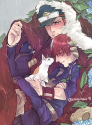  2boys blush boku_no_hero_academia burn_scar cape closed_eyes feline flower fur_trim gloves goggles goggles_on_head hat hydrangea looking_at_another male_focus multicolored_hair multiple_boys orenjimaru rain red_hair scar scar_on_face shirt short_hair smile split-color_hair todoroki_shouto two-tone_hair very_short_hair white_hair yaoi yoarashi_inasa 