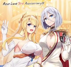  2girls azur_lane blonde_hair blue_eyes breasts cleavage dress elbow_gloves gloves grey_hair hair_ornament highres jewelry large_breasts long_hair looking_at_viewer marshall_k medium_breasts medium_hair multiple_girls open_mouth smile tirpitz_(azur_lane) tirpitz_(iron_blood_snowstorm)_(azur_lane) victorious_(azur_lane) white_dress white_gloves 