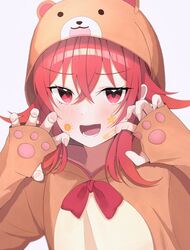  :d animal_costume animal_hood ashulunlun bad_id bad_twitter_id bandaid bandaid_on_face bear_costume bear_hood blush claw_pose facepaint female highres hood idolmaster idolmaster_shiny_colors komiya_kaho looking_at_viewer pawpads red_eyes red_hair simple_background smile solo star_(symbol) sun_symbol upper_body 