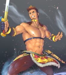  1boy abs bara blue_eyes boar_boy body_fur brown_hair bulge chest_harness clothing_cutout collar facial_hair fighting_stance forked_eyebrows goatee gradient_hair gullinbursti_(housamo) harness highres holding holding_sword holding_weapon ko_shushu large_pectorals long_sideburns male_focus multicolored_hair muscular muscular_male navel nipples oerba_yun_fang pectorals revealing_clothes short_hair sideburns solo stubble sword thick_thighs thigh_cutout thighs tokyo_afterschool_summoners topless_male weapon 